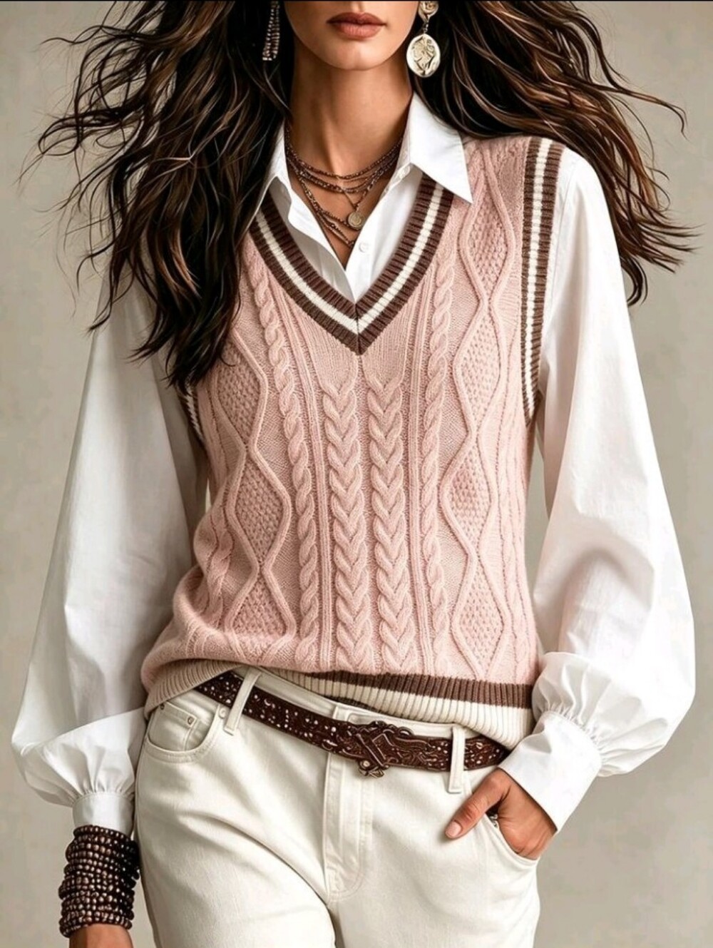 Women's Contrast Color V-Neck Cable Knit Pullover Sweater Vest Pink Checker